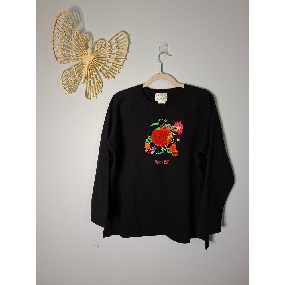 Quacker Factory Halloween Pumpkin Peek a BOO Embroidered Sweatshirt Black Medium